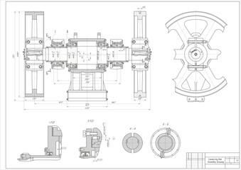 Vector connecting rod shaft with thread and bearing.
Engineering mechanical assembly drawing of steel device
with dimension lines. Industrial technic 
cad scheme on white paper sheet. 
Machine part. 