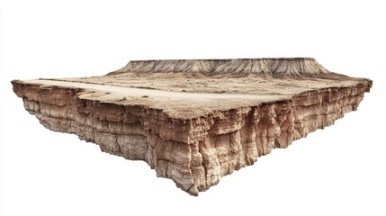 A cross-section of desert land floating in mid-air, featuring a dusty road stretching across the barren landscape, the ground beneath detailed with rock layers, isolated on a white background.