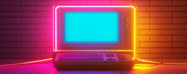 Retro computer with neon lights against a brick wall, isolated background.