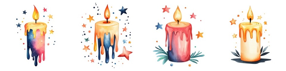 A colorful watercolor illustration of four candles, each with unique designs and melting wax, enhanced by splashes of stars and decorative elements.