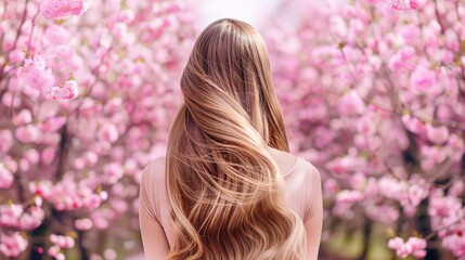 Naklejka premium Beautiful young woman with long curly blonde hair from behind holding blooming branch of sakura tree