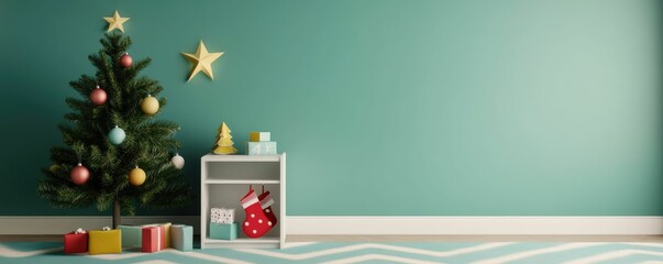 Festive and cozy nursery room with a small decorated Christmas tree hanging colorful toys and gifts on a table and shelf  3D