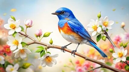 Stunning Tilt-Shift Photography of a Beautiful Blue Bird on a Twig Surrounded by Delicate Flowers, Capturing Nature's Serenity and Vibrant Colors on a White Background