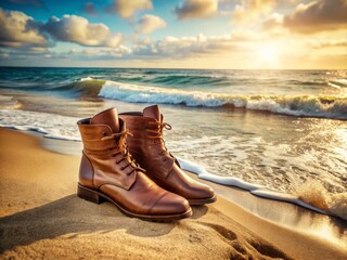 Fototapeta premium Stylish Boots Overlooking the Sea: Fashion Photography with Coastal Vibes, Elegant Footwear, and Scenic Views for Trendy Beachwear Inspiration