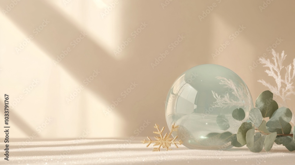 Poster Soft shadows dance across a light-colored surface where a glass orb and eucalyptus leaves create a tranquil winter arrangement. Delicate snowflake accents add a seasonal touch to the decor.