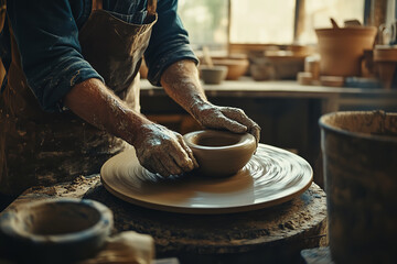 Master Artisan Shaping Clay on Pottery Wheel in Rustic Studio  