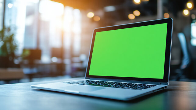 3d realistic render of laptop with green screen chroma key monitor in modern office cafe with warm lighting sunlight windows real atmosphere - Powered by Adobe