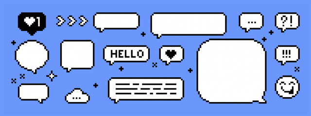 Speech bubble set in pixel art. Y2k trendy sticker for collage, poster. Pixelated shape for chat, text message, dialog, conversation frame. Retro game style dialogue box, icon. Editable vector element