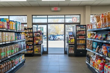 Convenience store entrance with shelves stocked with snacks and an open door leading outside on a sunny day
