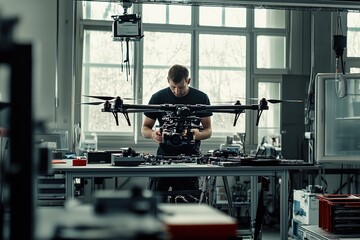 Technician assembling and testing a professional drone with a mounted camera in a high-tech workshop