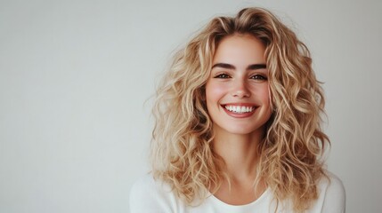 blonde woman with stunning, bouncy curls is smiling brightly,