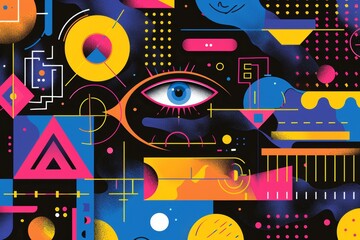 Obraz premium Colorful abstract artwork featuring geometric shapes and a prominent eye in a vibrant, imaginative design