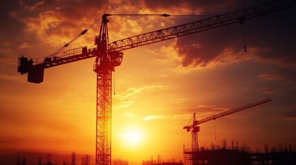 Construction Cranes Silhouette Against Sunset Sky