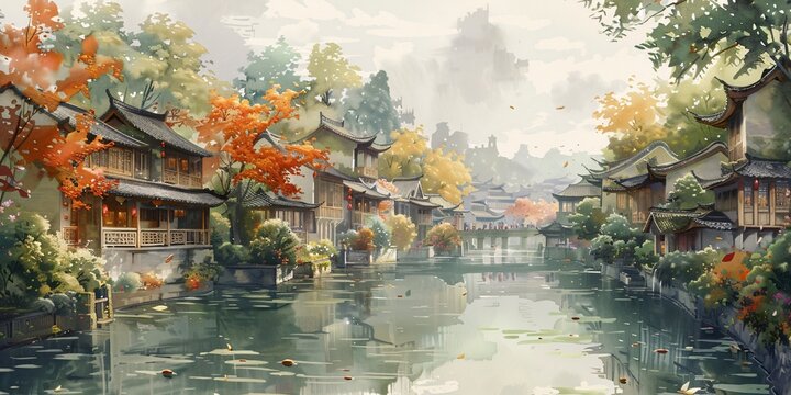 Beautiful traditional Jiangnan landscape illustration featuring Suzhou under misty rain, reflecting ancient Chinese culture and serene water town vibes. A picturesque scene of bridges, canals, and cla