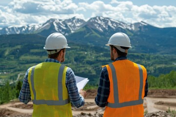 Naklejka premium Construction Workers Overlooking Mountain Landscape