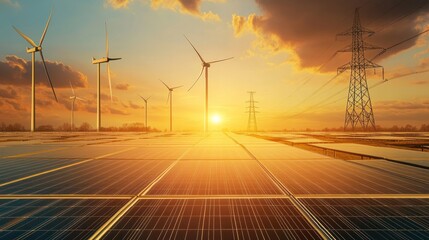 solar panels in the foreground with wind turbines rotating in the distance during a beautiful sunset.