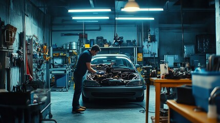 Obraz premium Mechanic working on a car engine in a fully equipped garage