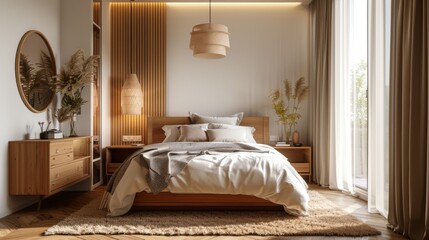 A cozy modern loft Scandinavian bedroom featuring a double bed with a minimalist headboard, bedside tables