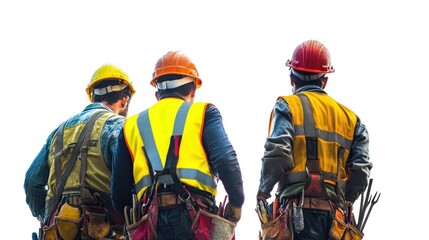view of construction workers wearing safety helmets and reflective vests,