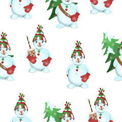 Seamless pattern of snowmen with a Christmas tree on a white background.Vector illustration for textiles,Christmas designs.