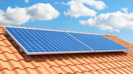 Solar Panels on Orange Roof Under Blue Sky
