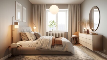 Fototapeta premium A cozy modern Scandinavian bedroom featuring a double bed with a sleek headboard, bedside tables