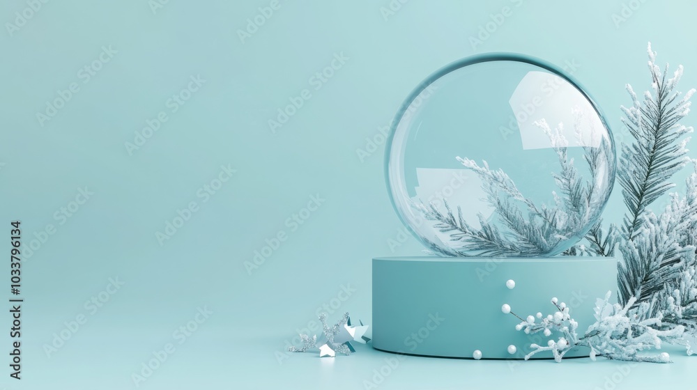 Leinwandbilder a large glass snow globe sits atop a teal, circular platform. the snow globe is empty, with a faint 