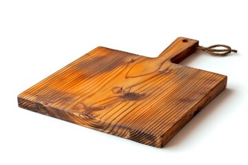 Fototapeta premium A rustic wooden cutting board with a handle and unique grain patterns. Perfect for food prep and kitchen decoration. Ideal for cooking enthusiasts and home chefs. AI