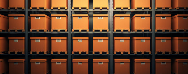 Warehouse with tall shelves, compact inventory storage, maximizing vertical space, 3D illustration