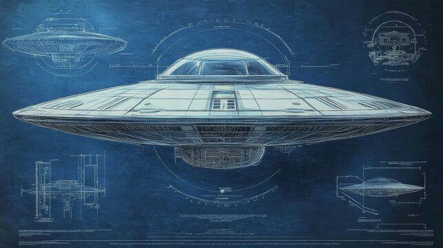 Blueprint sketch of an alien spaceship, also known as a flying saucer, featuring detailed outlines, dimensions, and technical specifications. The drawing is rendered in pencil on dark blue paper, emph