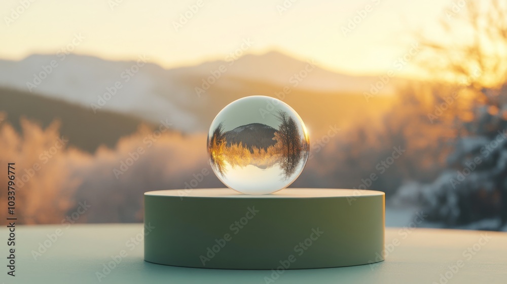 Aufkleber a crystal orb sits atop a circular base, capturing the reflection of a winter landscape bathed in wa
