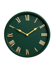 Elegant green wall clock with Roman numerals isolated on transparent background