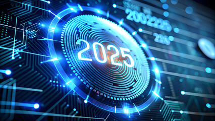 Obraz premium Digital Fingerprint Scanner with '2025' for Cybersecurity in New Year. Perfect for: New Year's Eve, Tech Conferences, Cybersecurity Events