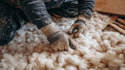 Hands in Gloves Working on Pile of Wool on Floor in Room Under Construction - Low Angle View
