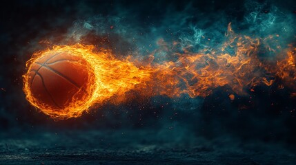 Burning basketball illuminates a hazy backdrop, leaving a trail of flames. Its intense energy and heat symbolize the power and competitiveness of sports
