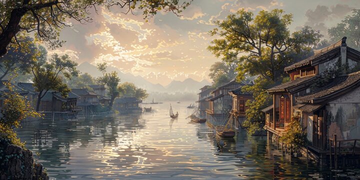 Beautiful traditional Jiangnan landscape illustration featuring Suzhou under misty rain, reflecting ancient Chinese culture and serene water town vibes. A picturesque scene of bridges, canals, and cla