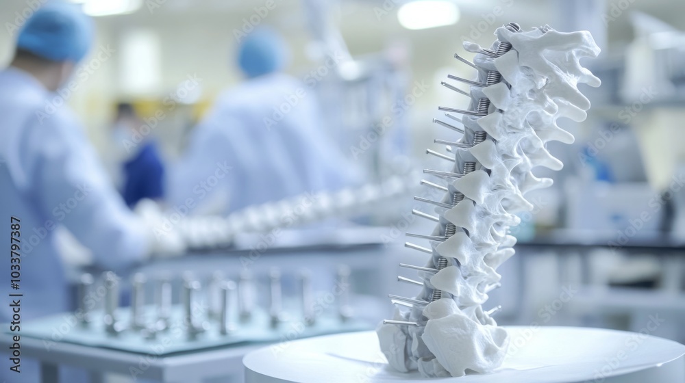 Poster a human spine model displayed prominently as medical professionals engage in advanced training in a 