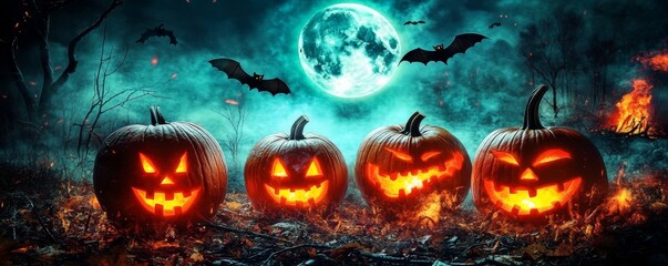 Fototapeta premium Halloween scene with jack-o-lanterns, bats, and a spooky atmosphere under the full moon, with a burning fire in background.