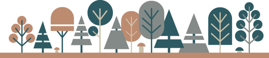 Obraz premium Autumn forest trees Simple collage. Set of abstract tree shrub, foliage. Pines, various deciduous trees. Flat vector illustration