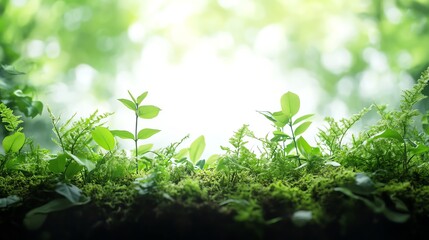 Closeup of a small forest growing along the edges of a city park, sunlight touching the leaves, white background
