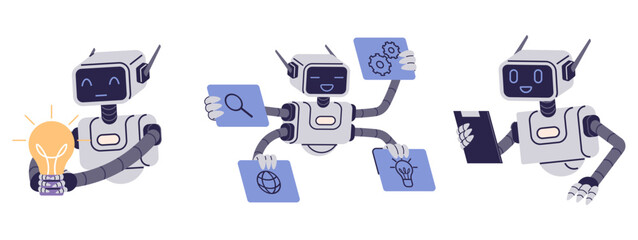 Three robots are performing different tasks holding a light bulb symbolizing an idea, interacting with search and globe icons for research, and holding gears for development. Ideal for technology