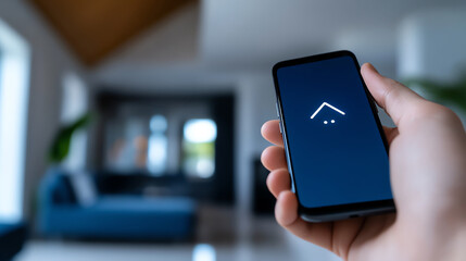 Person holding smartphone with app interface in modern living room setting.