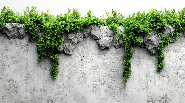 Closeup of a small forest emerging from the cracks of city walls, lush green foliage, white background