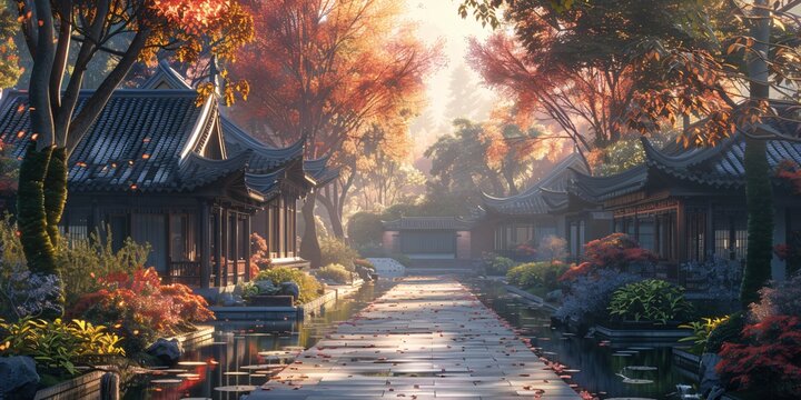 Beautiful traditional Jiangnan landscape illustration featuring Suzhou under misty rain, reflecting ancient Chinese culture and serene water town vibes. A picturesque scene of bridges, canals, and cla