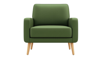 Stylish green armchair with wooden legs, perfect for modern interiors, isolated on a white background.