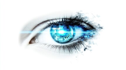 view of a human eye illuminated by a vibrant blue digital cyber light beam