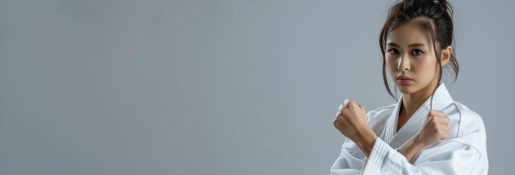 An Asian female judoka with a serious face, wearing a white outfit with a black belt, putting one of her hand up, plain grey background
