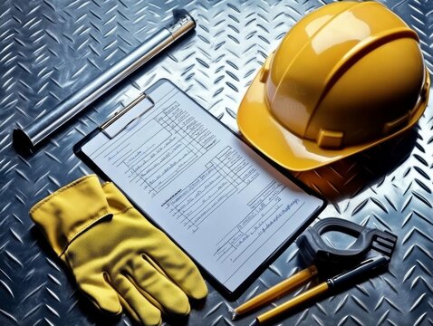 Construction Work Essentials with Yellow Hard Hat, Clipboard, Gloves, and Checklist on Diamond Plate Pattern Background