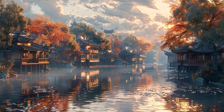 Beautiful traditional Jiangnan landscape illustration featuring Suzhou under misty rain, reflecting ancient Chinese culture and serene water town vibes. A picturesque scene of bridges, canals, and cla