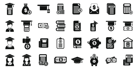 Student loan icons set. This set of icons depicts the financial aspects of higher education, including tuition fees, student loans, scholarships, and saving money